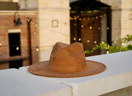 Dark Tan Color Vegan Suede Wide Brim Fedora