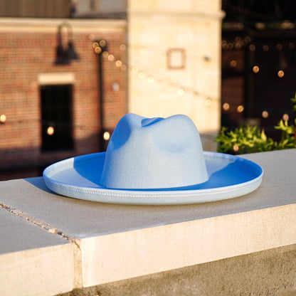 Wholesale Fedoras pencil rolled brim hat in baby blue color.