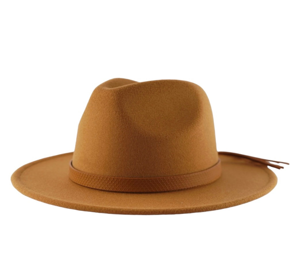 Dark tan classic fedora with a leather headband.